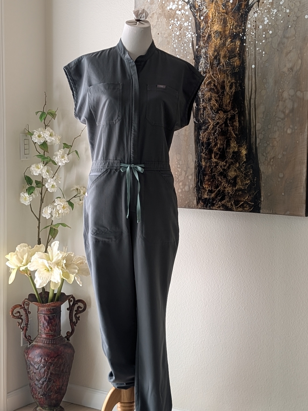 Unknown Brand Slate Gray Women's Utility Jumpsuit with Drawstring Waist